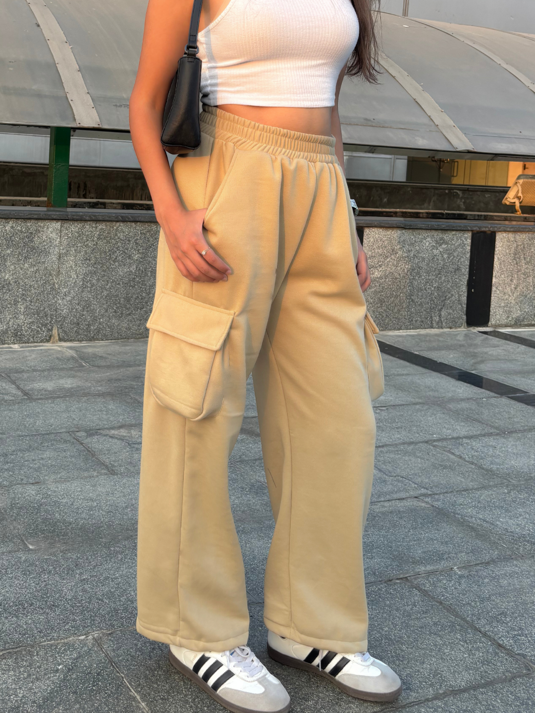 Beige Fleece Wide Leg Jogger