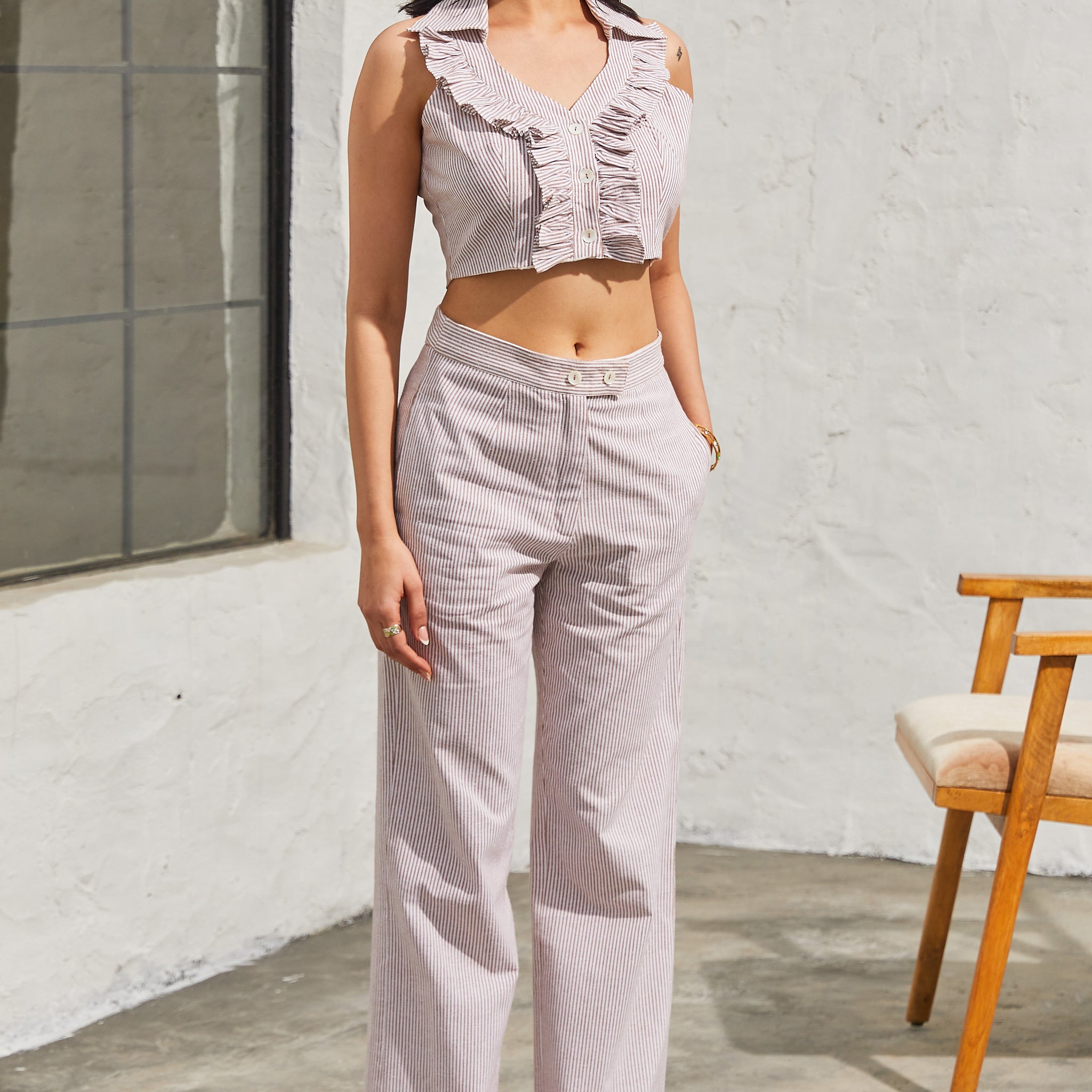 Country Cotton Chic Co-ord Set with Ruffled Crop Top & High Waist Pants