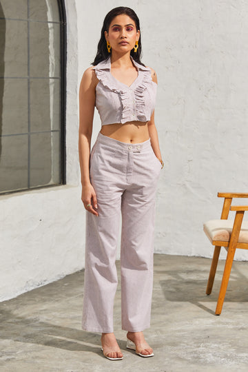 Country Cotton Chic Co-ord Set with Ruffled Crop Top & High Waist Pants