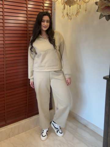 Beige Fleece Jogger Set With Hoodie